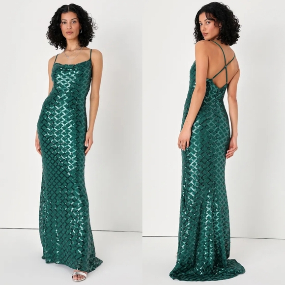 Lulus Stop and Glow Emerald Green Sequin Cowl Neck Maxi Dress S Wedding Party - Picture 1 of 12